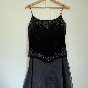 Vintage Y2K Dave & Johnny black velvet midi dress DIY corset lace-up back prom